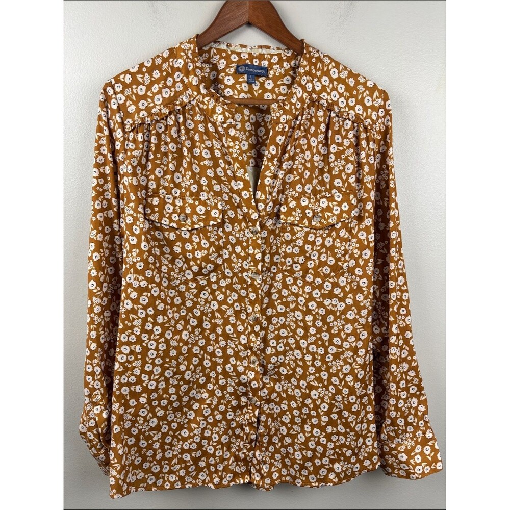 Democracy Women's Mustard & White Floral Button-Front Shirt V Neck Sz Large